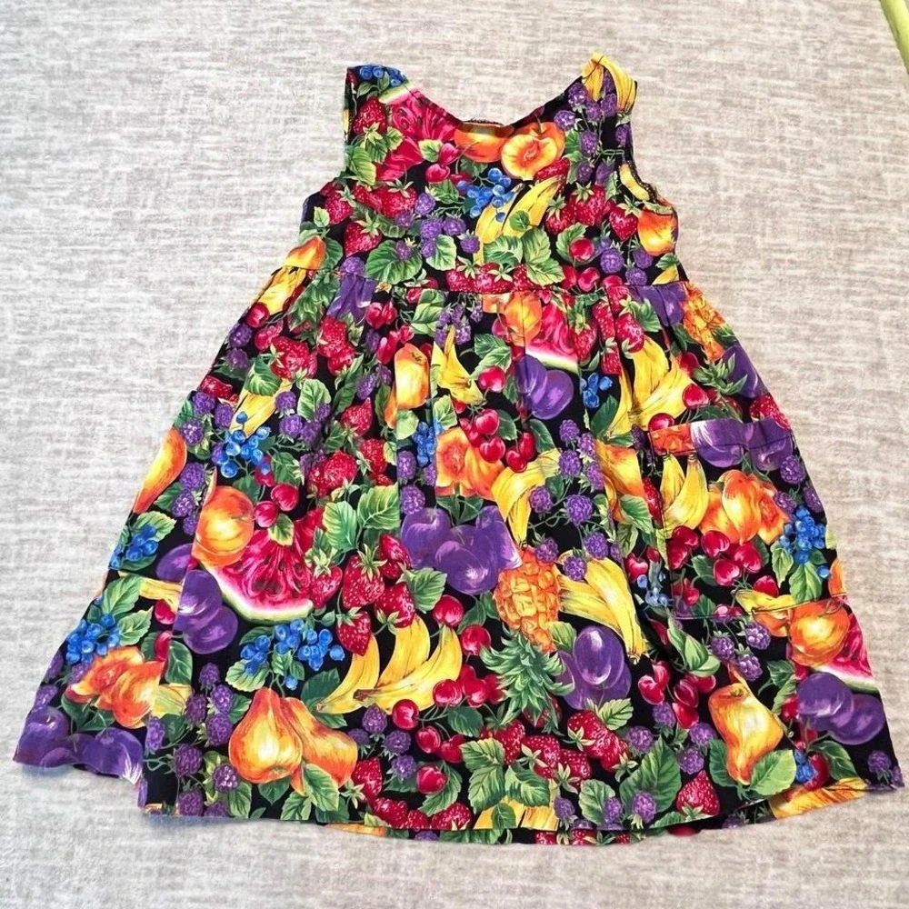 Vintage Sostanza Fruit Print Dress Girls Colorful Sleeveless‎ Pockets size 5